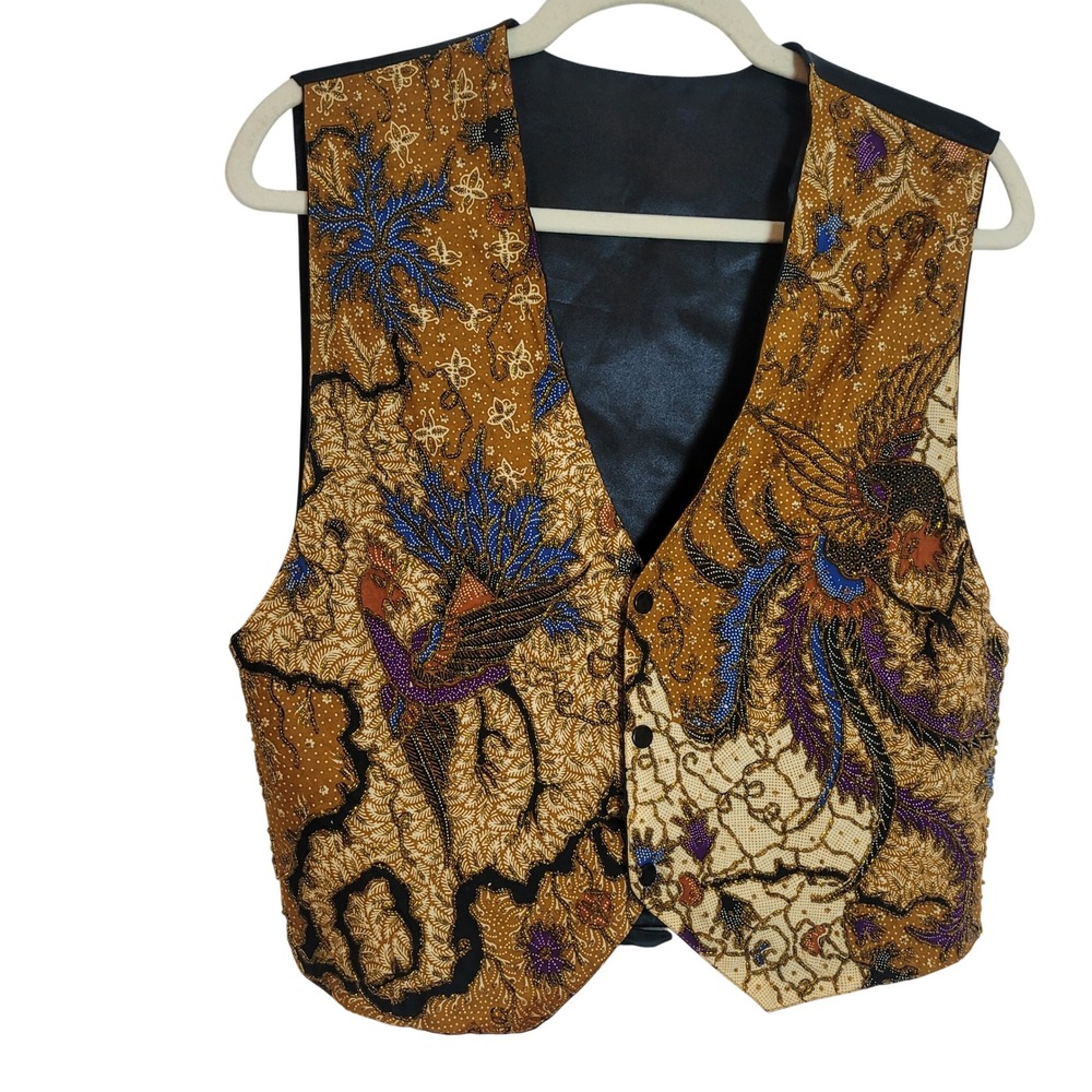Kenar Ann Tjian Beaded Batik Vest Womens Medium Bird of Paradise Cotton Rayon